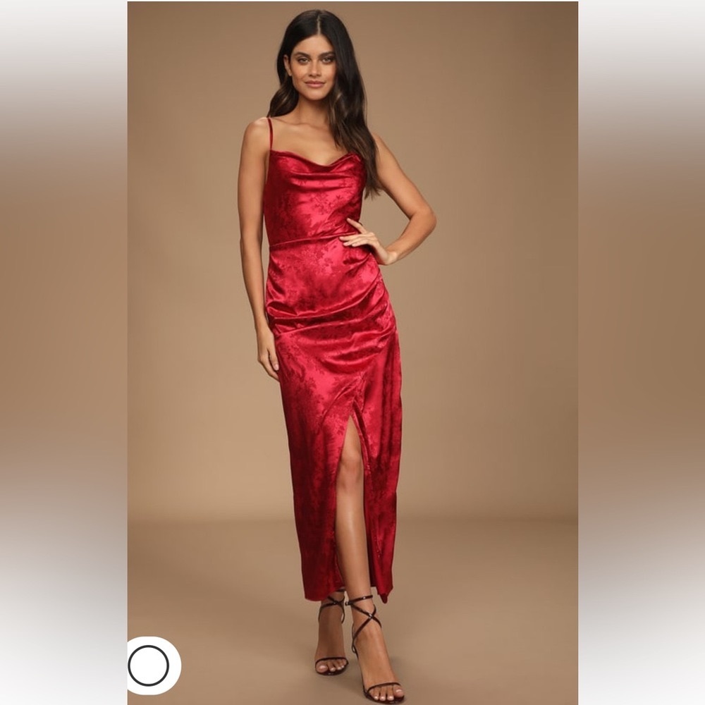 Lulus Under the Moonlight Wine Red Satin Jacquard Maxi Dress
